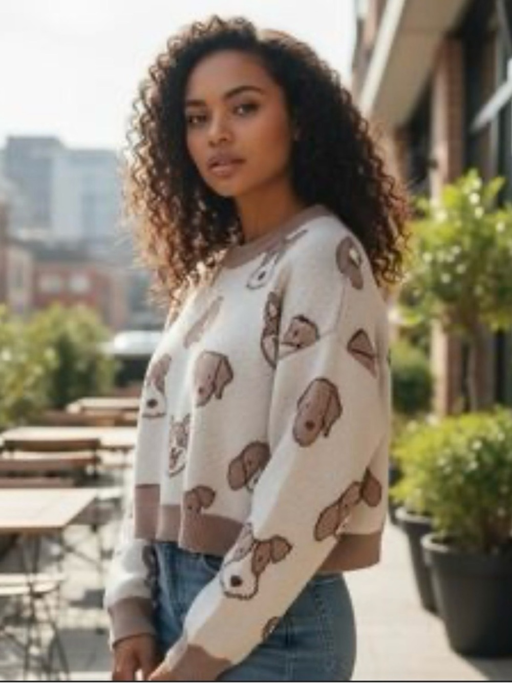 debut Cream and Brown Dog-Print Crewneck Sweater Oversized Cropped